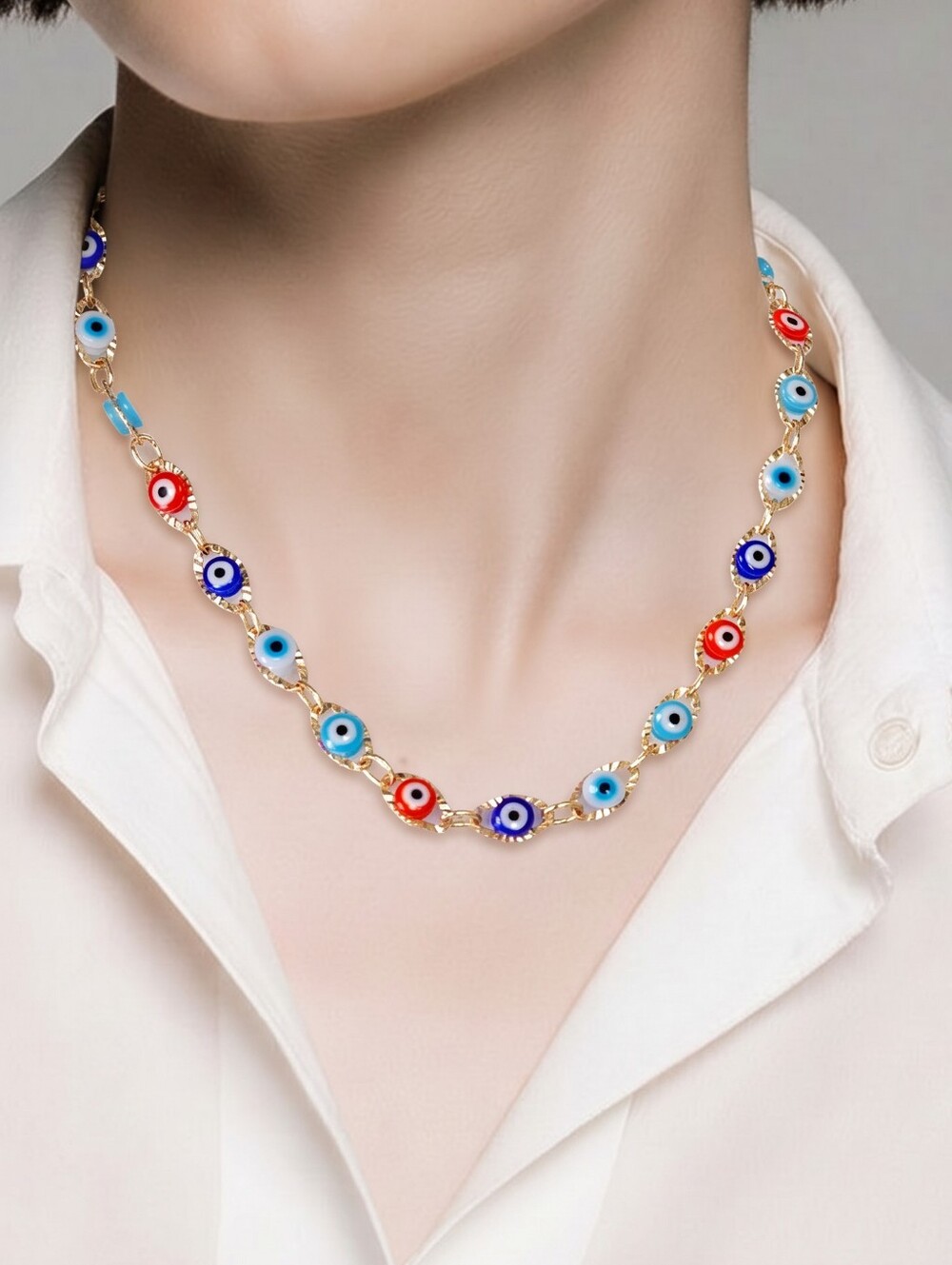 Beaded Evil Eye Choker Necklace Gold Colorful Glass Beads Protective Eye Jewelry